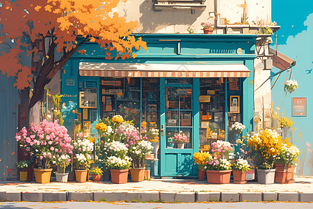 盆栽素材街上的花店插画