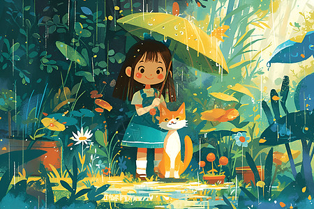 雨中打伞在雨中女子插画