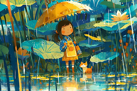 打伞的小女孩与猫图片