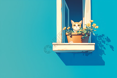 窗台上好奇的猫咪图片