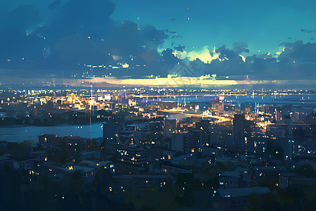 黄昏时分的城市灯光背景图片