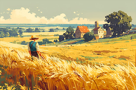 金色的麦田中的农民图片