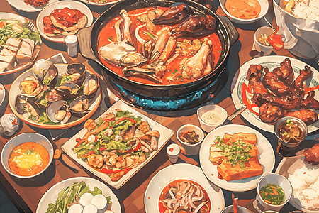 桌上满满的食物图片