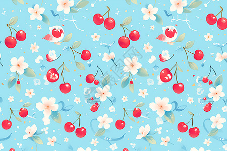 摘果子樱桃和鲜花插画