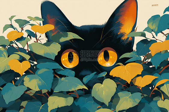 绿叶背后的黑猫图片