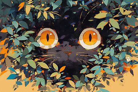 树丛里的黑色猫咪背景图片