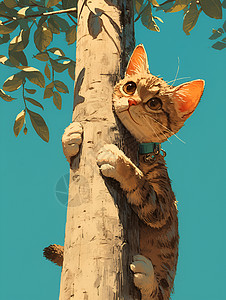 树木上长的植物树木上的猫咪插画