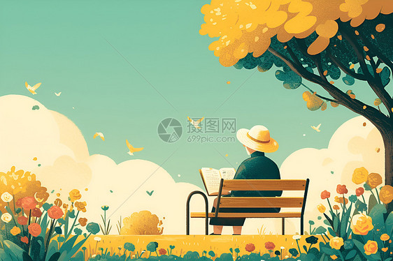 老人坐在公园的木椅上图片