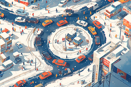 汽车积雪雪中的道路插画
