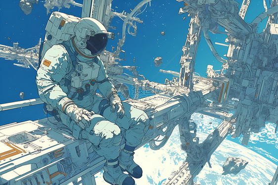 宇航员坐在太空站上图片