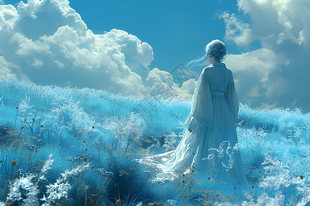女子站在蓝色的草地中图片