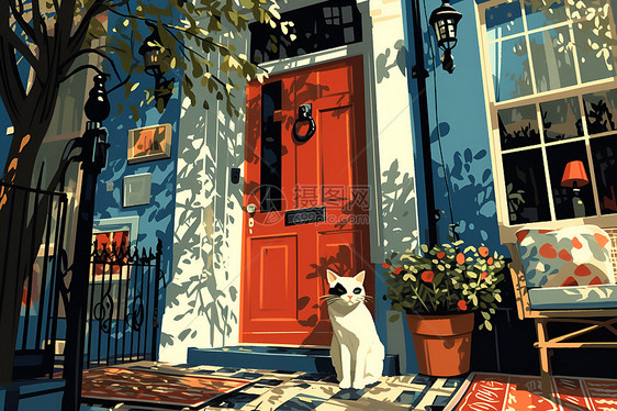 红门前的小猫插画图片