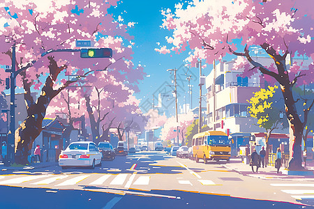 城市街道上的樱花高清图片