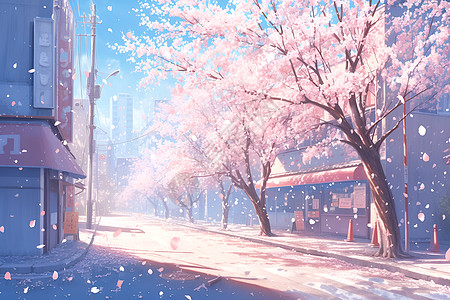 城市街道上飘落的樱花图片