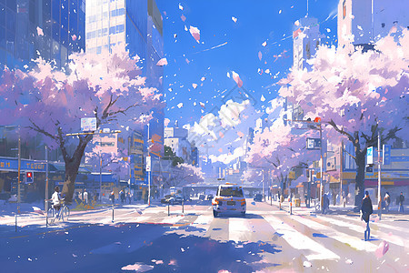 城市街道上的樱花图片