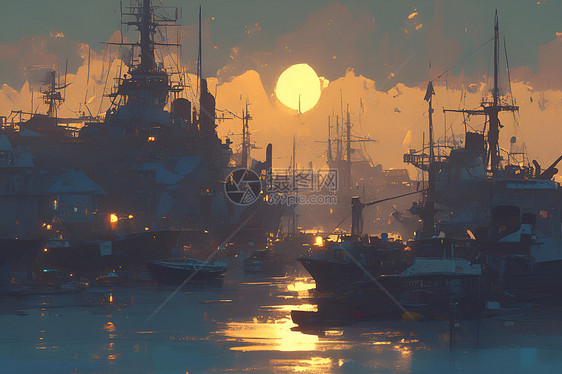 港口的船舶插画图片