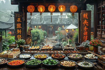 中式庭院里的菜肴图片