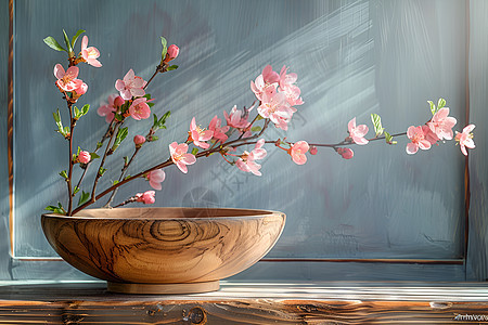 桌上的木碗和桃花背景图片