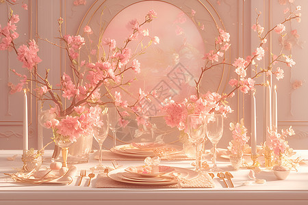桃花点缀雅致的餐厅桌面图片
