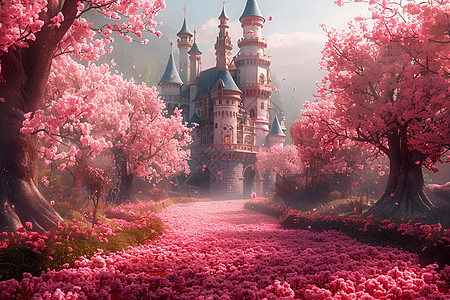 梦幻的桃花和城堡背景图片