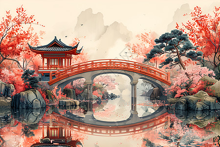 梦幻的木桥和花树图片