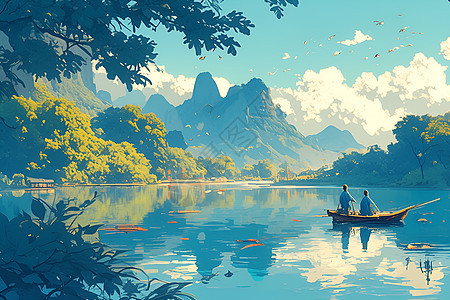 梦幻树树林中的湖泊插画