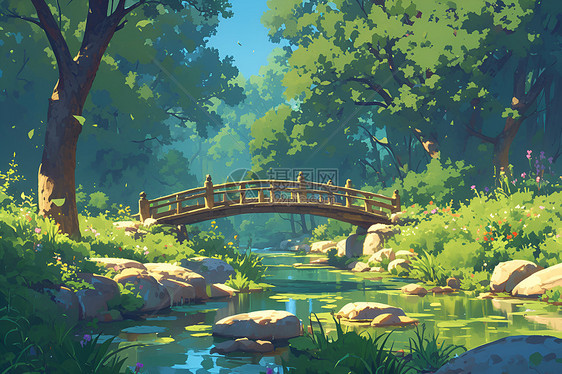 森林小溪上的木桥图片