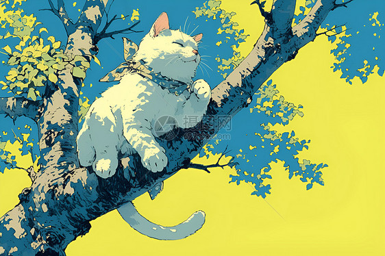 树上的白猫图片
