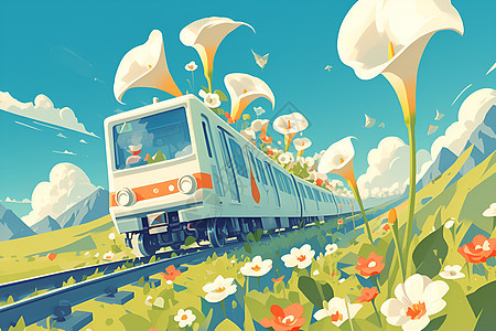鲜花田间的白色火车图片