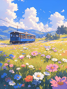 火车和鲜花图片