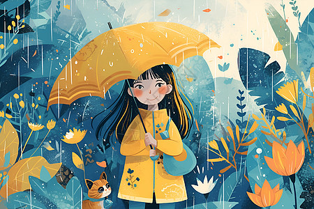 雨中少女与莲叶图片