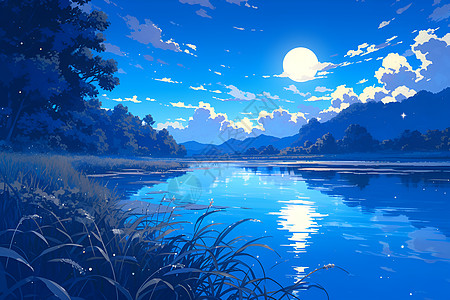 月夜湖泊中的皎月图片