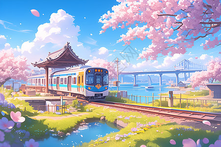 穿越樱花的小火车图片
