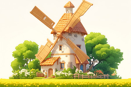 树丛间的风车房子背景图片