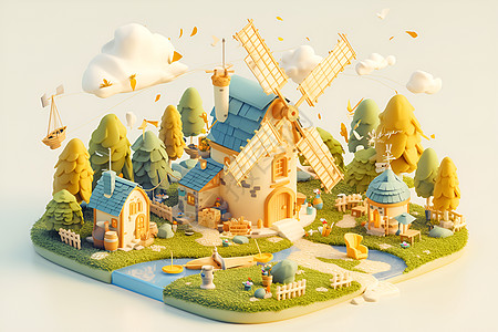 童话世界中的小屋与风车图片