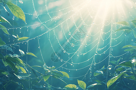 夏日清晨细雨中的蜘蛛网图片