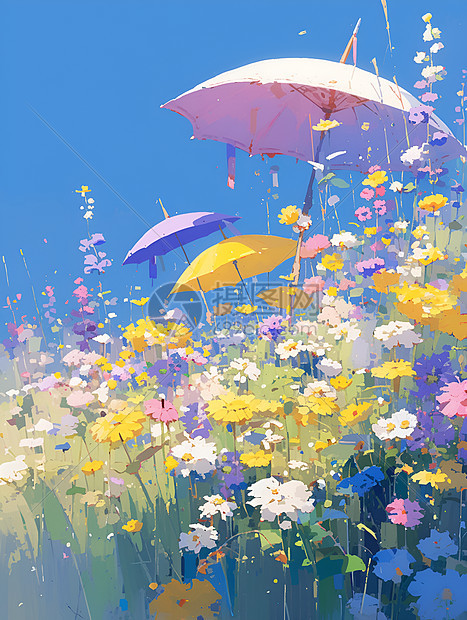 彩色伞在野花丛中图片