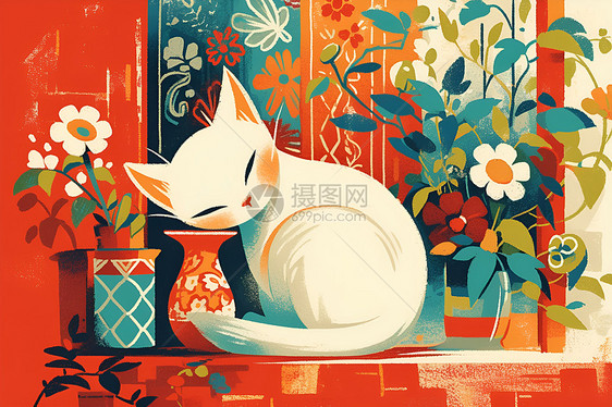 白猫在插花旁图片