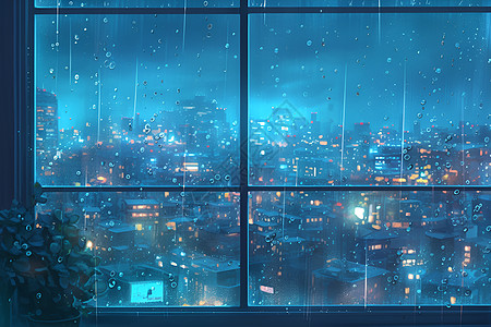 下雨窗户夜雨中的城市花园插画
