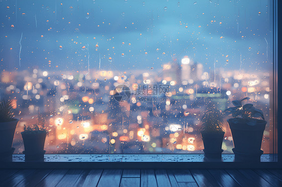 夜雨窗台城市风景图片