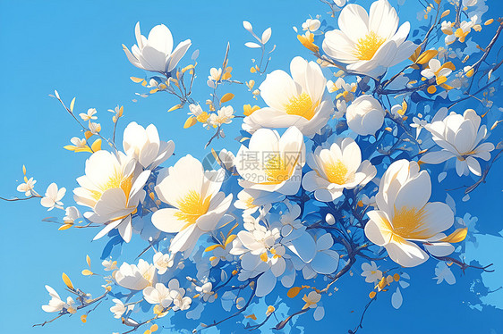 清新蓝天下的白花图片