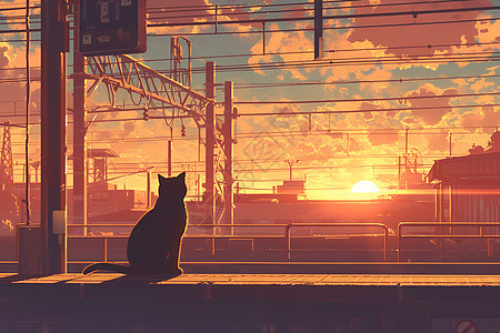 猫咪坐在火车站台上图片