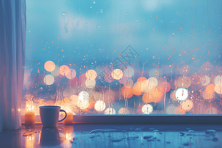 雨中都市之窗上的咖啡图片