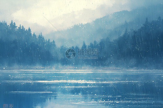 湖光山色下的宁静雨景图片