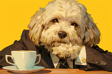 小狗品味着他的咖啡图片