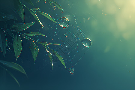 叶子上的蜘蛛网挂着雨滴图片
