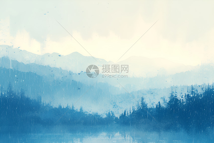 梦幻山湖细雨轻飘图片