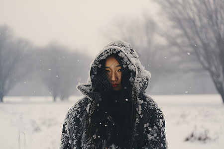 女子站在雪地中图片