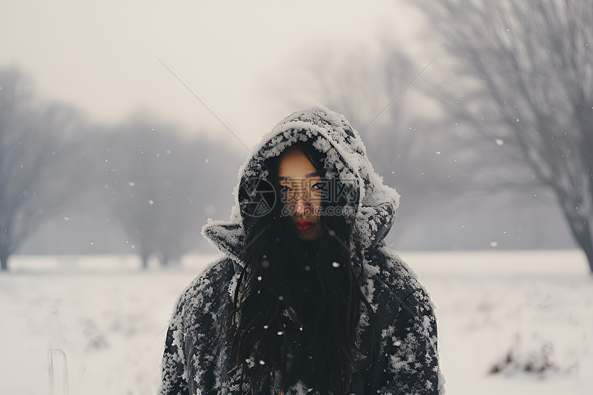 女子站在雪地中图片