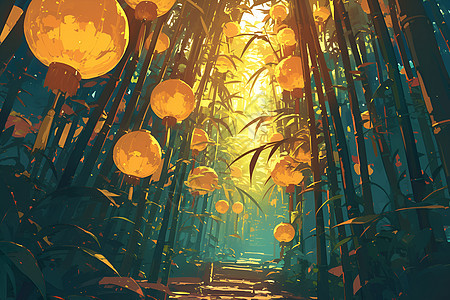 翠绿竹林中的金灯笼图片